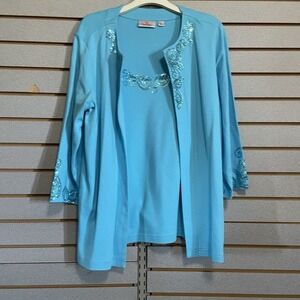 Quacker Factory Top Shirt Blouse 3/4 Sleeves Bright Blue L Sequins